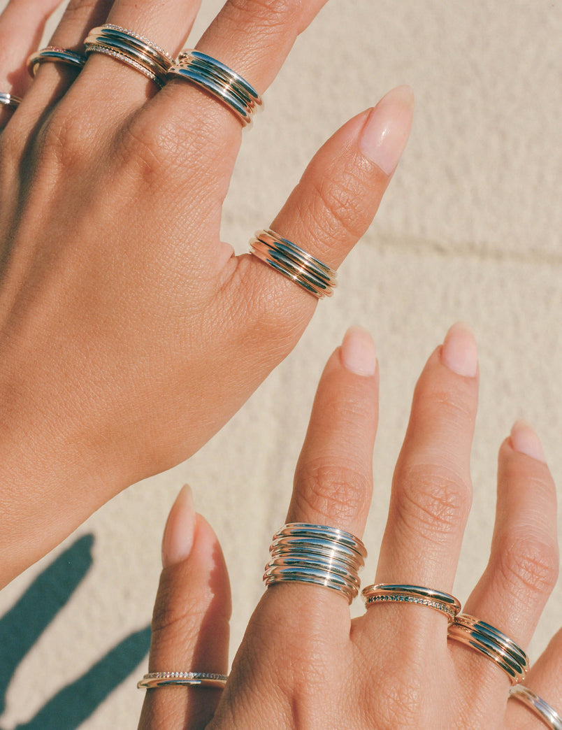 Column Stack Ring with Pavé Teal Sapphires