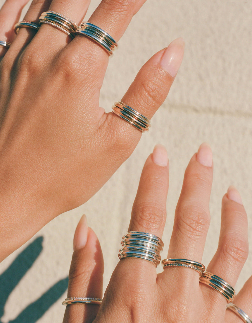 Column Stack Ring with Pavé Teal Sapphires