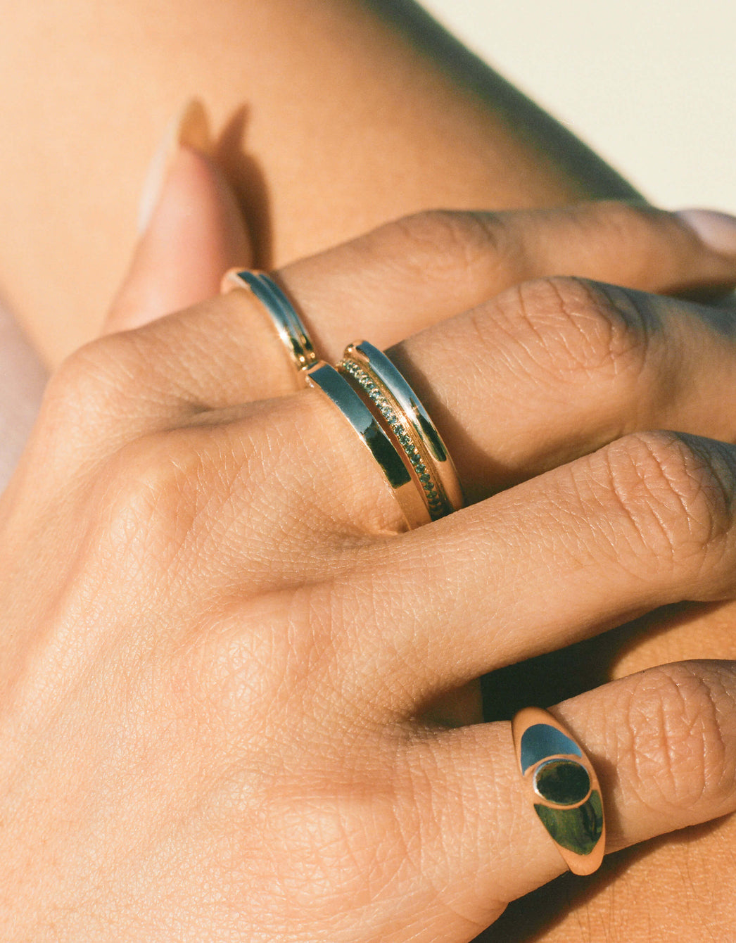 Column Stack Ring with Pavé Teal Sapphires